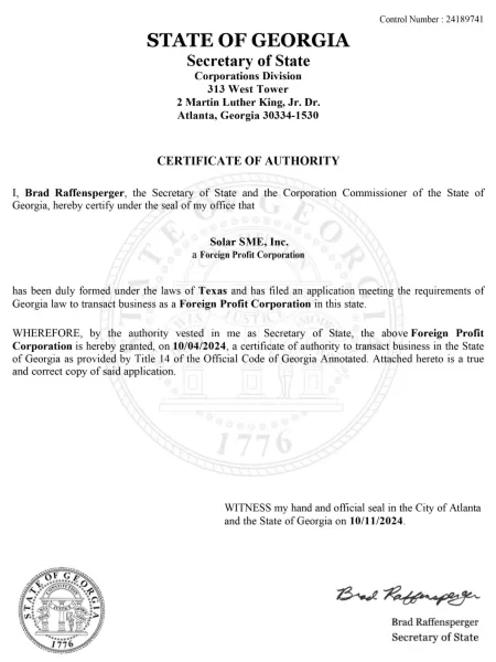Georgia Certificate of Authority # 24189741